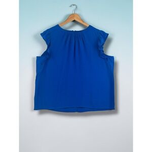 Loft Womens Royal Blue Ruffle Sleeve Pleated Neck Blouse Large